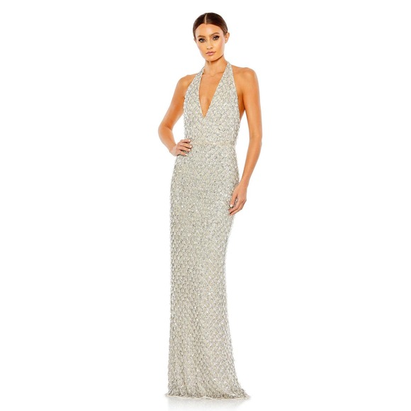 MAC DUGGAL Sequined Crystal Fringe Halter Strap Gown In Silver Size 8 NWT - Picture 3 of 12